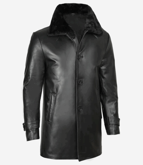 Men's Black Real Leather Coat With Fur Collar