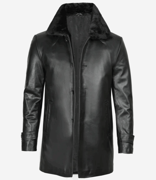 Men's Black Real Leather Coat With Fur Collar