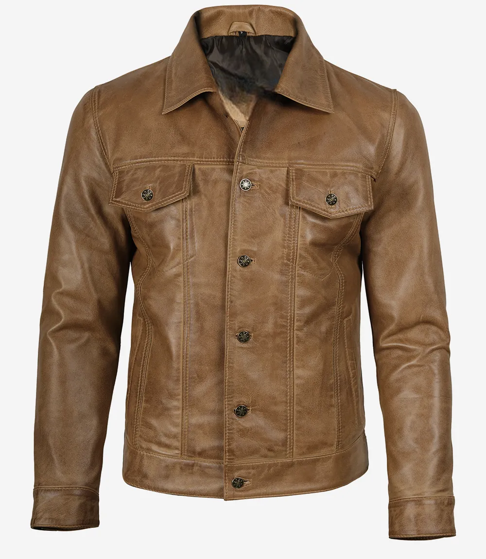 Men's Camel Brown Trucker Leather Jacket