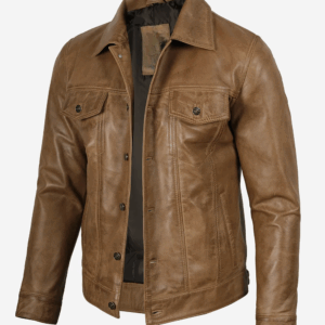 Men's Camel Brown Trucker Leather Jacket