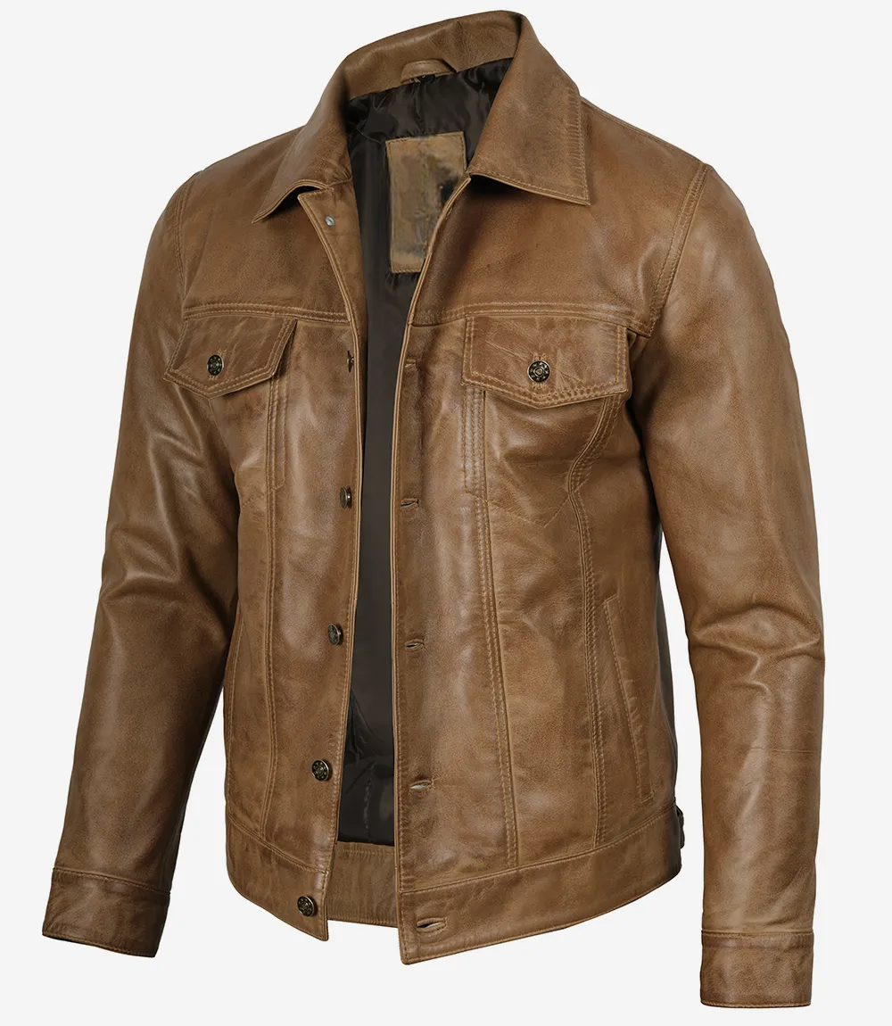 Men's Camel Brown Trucker Leather Jacket