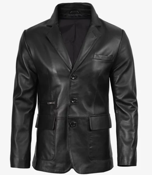 Men's Eliseo Black Three-Button Leather Blazer