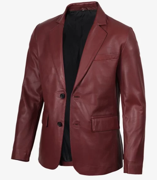 Men's Notch Lapel Maroon Leather Blazer