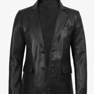 Mens Notch Lapel Two Button Black Leather Blazer