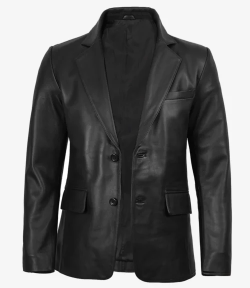 Mens Notch Lapel Two Button Black Leather Blazer