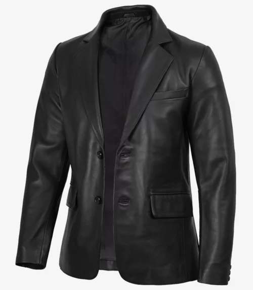 Mens Notch Lapel Two Button Black Leather Blazer