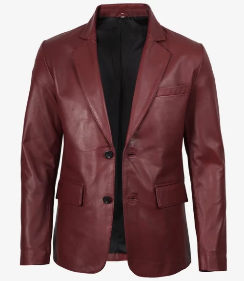 Men's Notch Lapel Maroon Leather Blazer