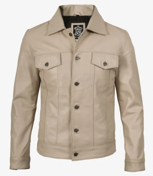 Men's Real Lambskin Leather Beige Trucker Jacket
