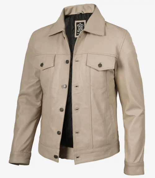 Men's Real Lambskin Leather Beige Trucker Jacket