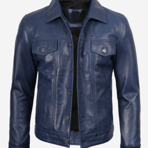 Mens Real Lambskin Leather Blue Trucker Jacket