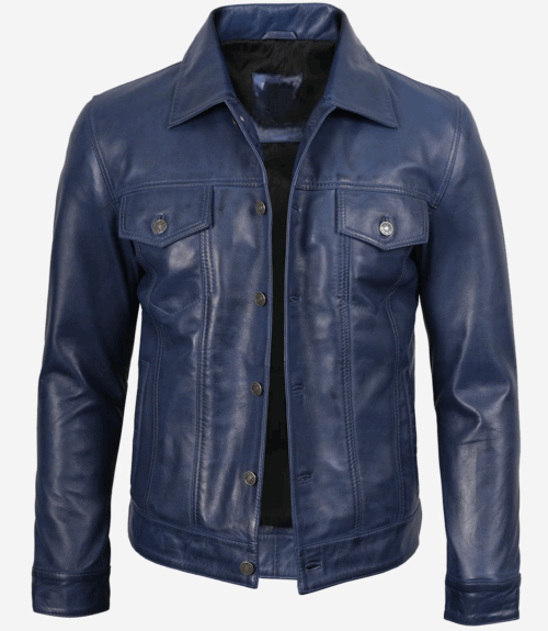 Mens Real Lambskin Leather Blue Trucker Jacket