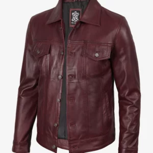 Men's Real Lambskin Leather Burgundy Trucker Jacket