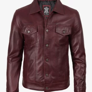 Men's Real Lambskin Leather Burgundy Trucker Jacket