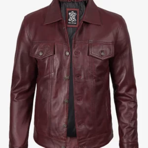 Men's Real Lambskin Leather Burgundy Trucker Jacket