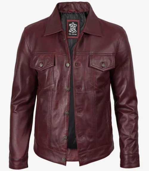 Men's Real Lambskin Leather Burgundy Trucker Jacket