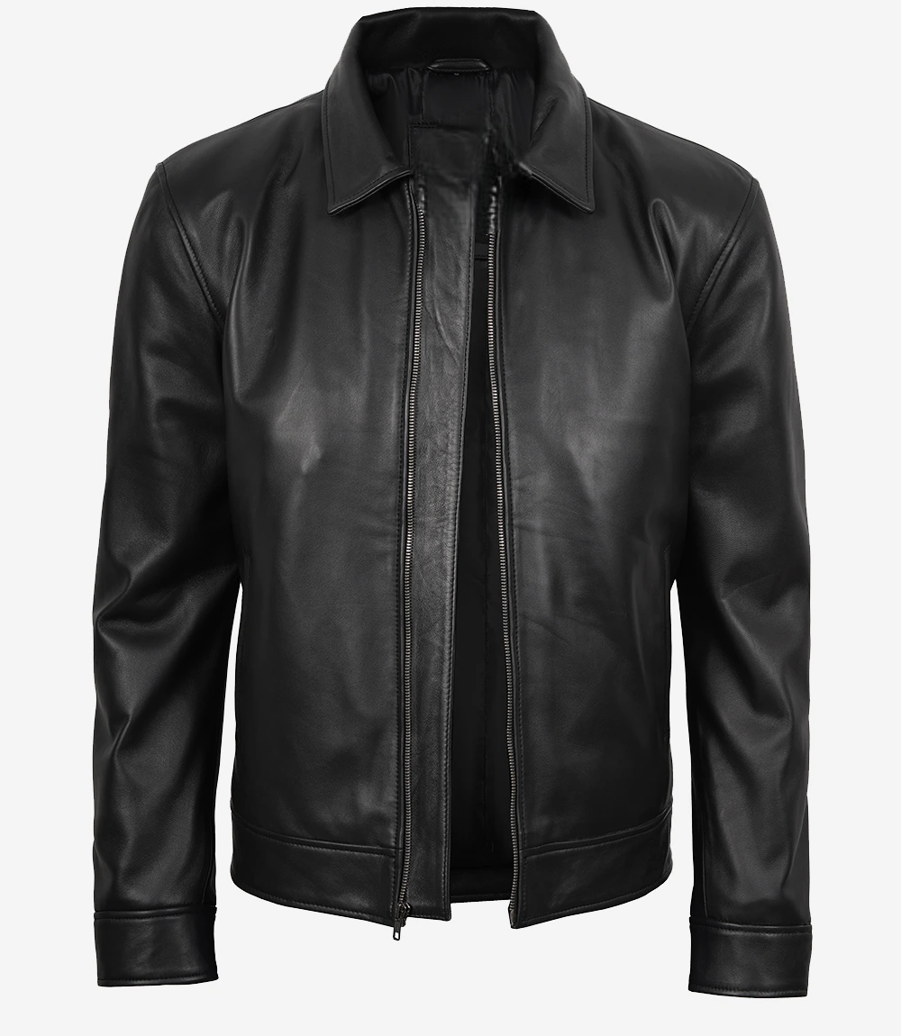 Black Leather Harrington Jacket for Men | Classic Fit