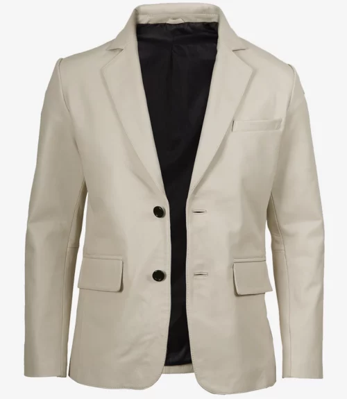 Men's Two Button Notch Lapel White Leather Blazer
