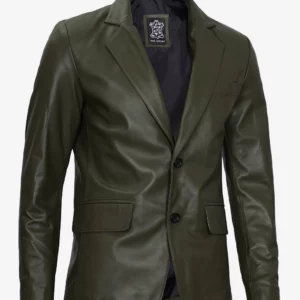Mens Two Button Olive Green Leather Blazer