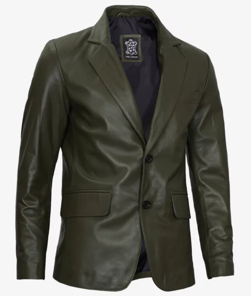 Mens Two Button Olive Green Leather Blazer