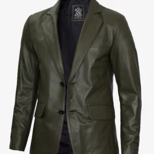 Mens Two Button Olive Green Leather Blazer