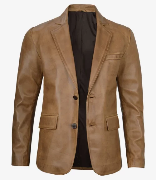 Mens Two-Button Camel Brown Leather Blazer