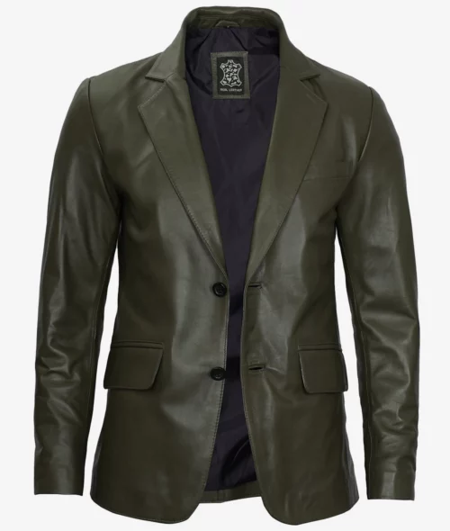 Mens Two Button Olive Green Leather Blazer