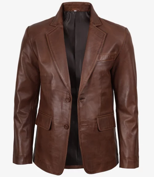 Mens Two Button Waxed Brown Leather Blazer