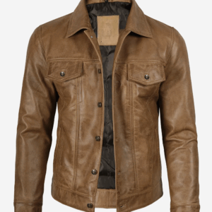 Men's Camel Brown Trucker Leather Jacket