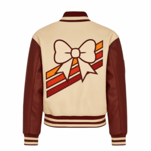 Unisex Beige V Patch Wool Varsity Leather Jacket