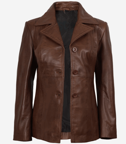 Women Brown Three Button Leather Blazer