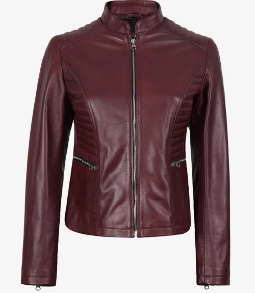 Women's Burgundy Leather Cafe Racer Jacket