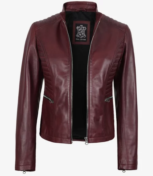 Women's Burgundy Leather Cafe Racer Jacket