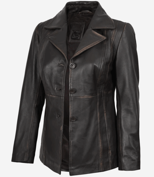Women's Three-Button Dark Brown RubOff Leather Blazer