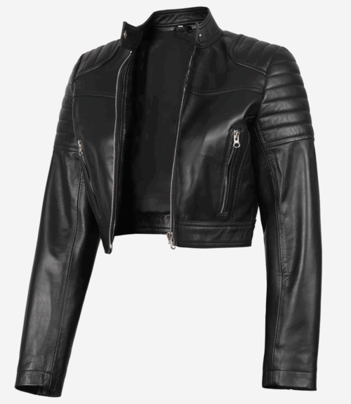 Black Cropped Biker Style Leather Jacket for Women