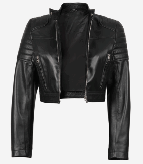 Black Cropped Biker Style Leather Jacket for Women