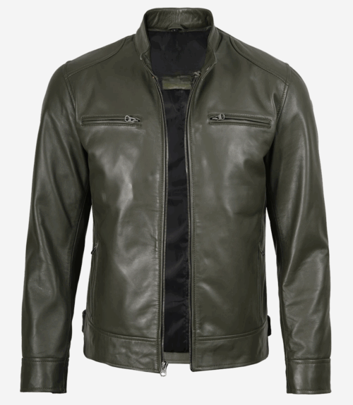 Dodge Men Olive Green Biker Leather Jacket
