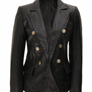Kim Women's Double Breasted Black Leather Blazer