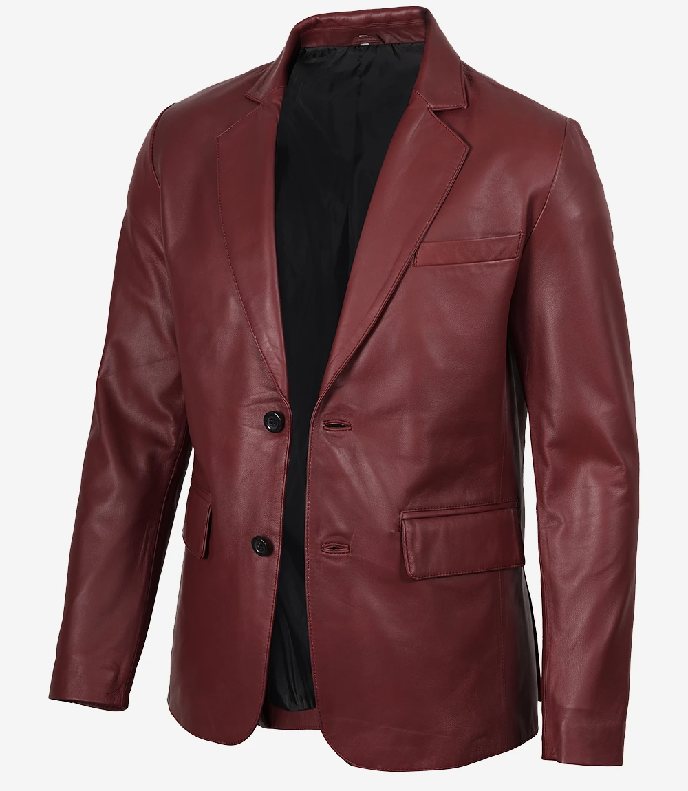 Men's Notch Lapel Maroon Leather Blazer