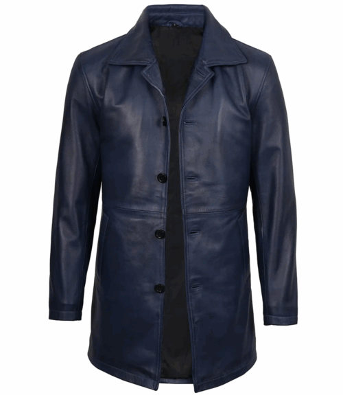 Mens 34 Length Blue Waxed Leather Car Coat