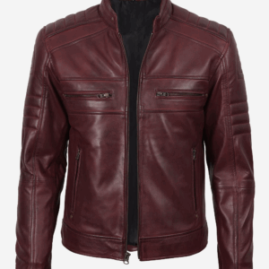Mens Biker Style Burgundy Leather Jacket