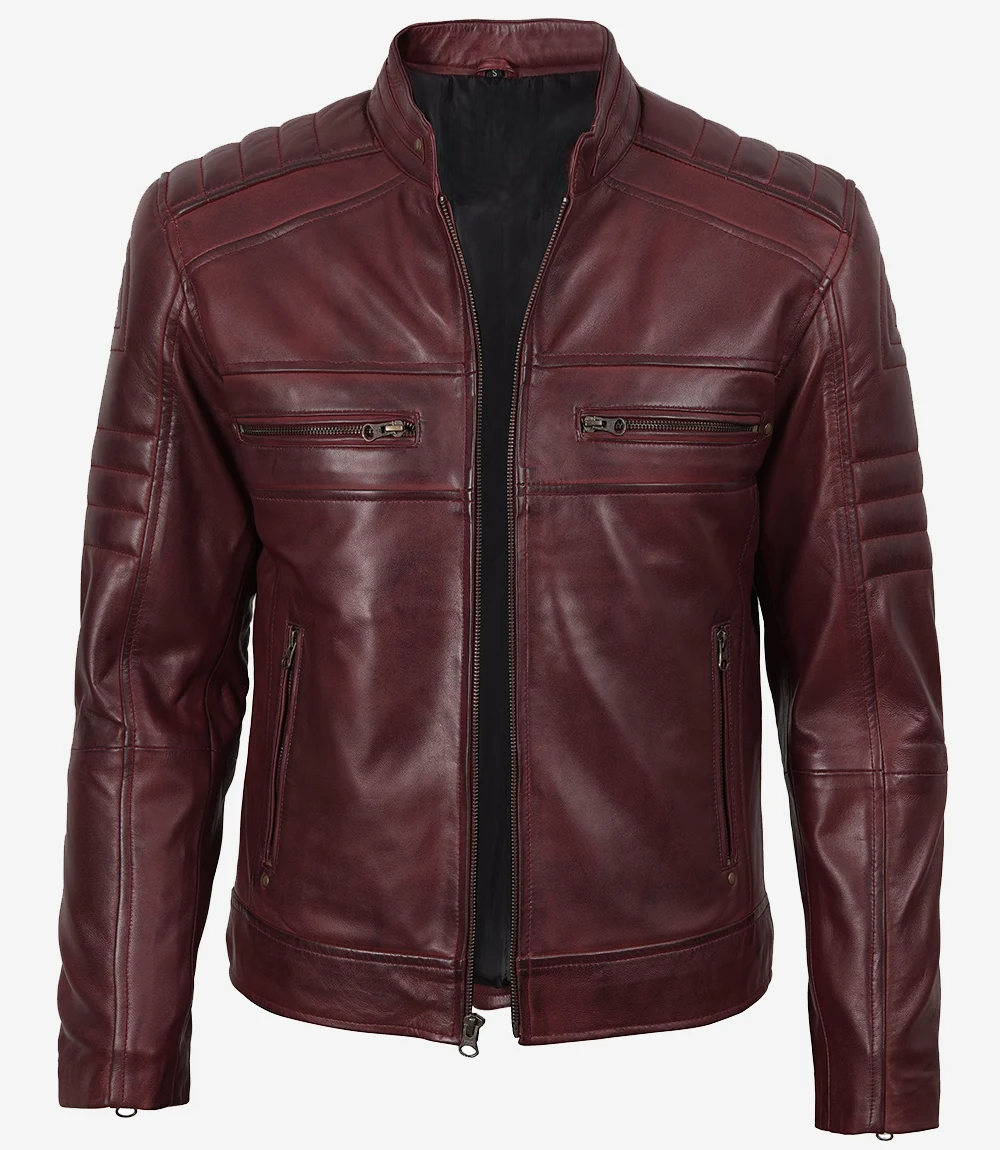 Mens Biker Style Burgundy Leather Jacket
