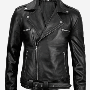 Men's Black Asymmetrical Belted Biker Style Leather Jacket