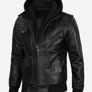 Mens Black Leather Bomber Jacket with RemovableHood