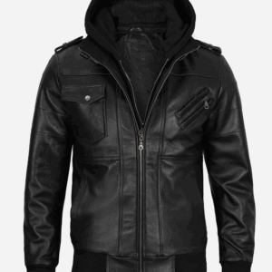 Mens Black Leather Bomber Jacket with RemovableHood