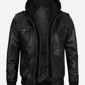Mens Black Leather Bomber Jacket with RemovableHood