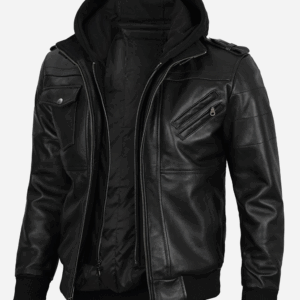 Mens Black Leather Bomber Jacket with RemovableHood
