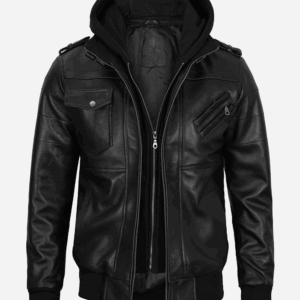 Mens Black Leather Bomber Jacket with RemovableHood