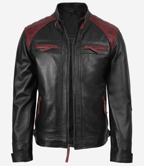 Men's Black and Maroon Biker Style Leather Jacket