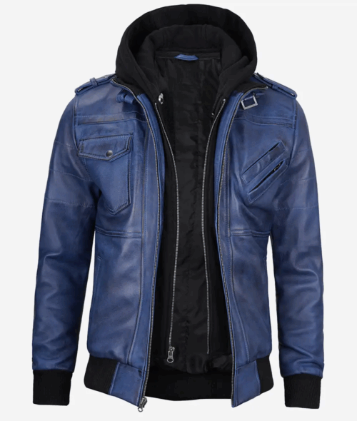Men's Blue Wax Leather Bomber Jacket With Removable Hood