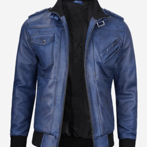 Men's Blue Wax Leather Bomber Jacket With Removable Hood